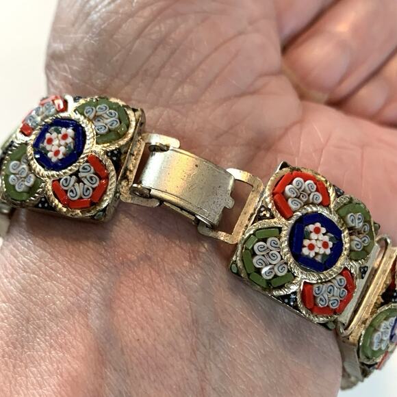 Vintage Italian Micro Mosaic Bracelet Floral Millefiori Glass Link Panel Jewelry - Picture 6 of 16